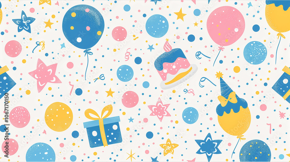 Playful Pastel Birthday Pattern with Balloons, Stars, and Gifts.. Playful Pastel Birthday Pattern with Balloons, Stars, and Gifts..