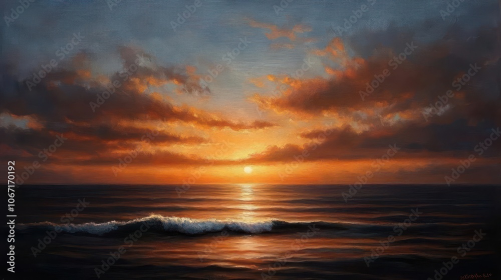 A tropical sunset in oil paint with golden yellows and fiery pinks fading into a dark sea A tropical sunset in oil paint with golden yellows and fiery pinks fading into a dark sea