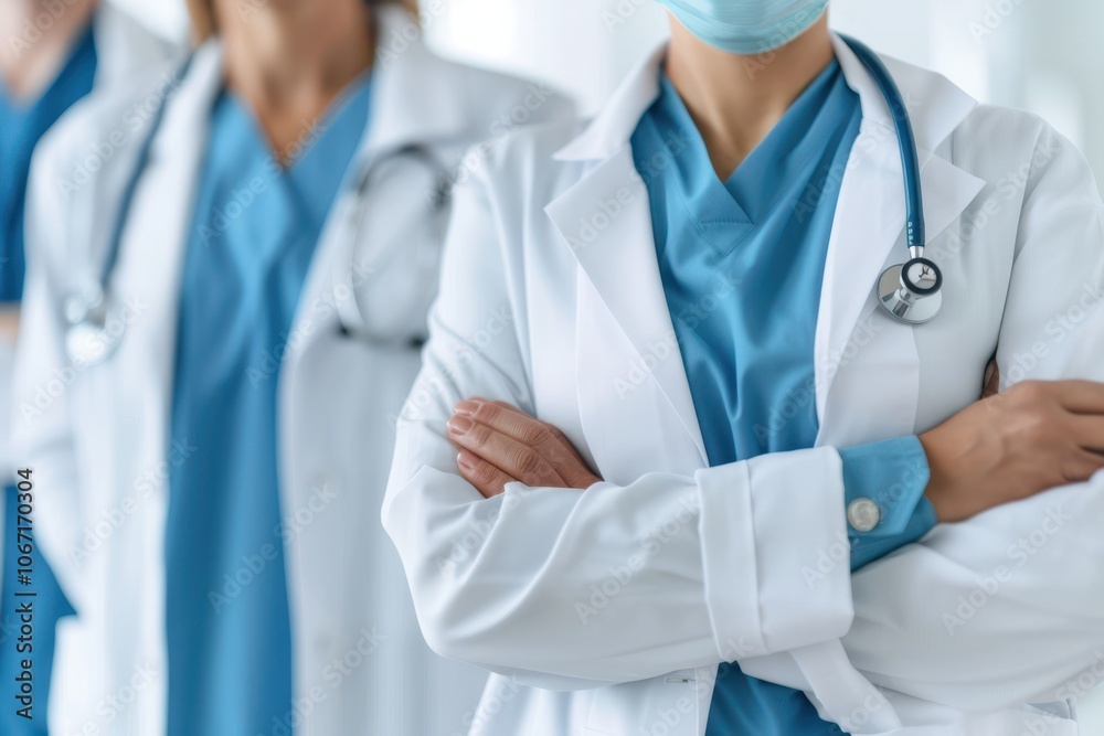 Medical team of doctors standing confidently in hospital with crossed arms and stethoscopes Medical team of doctors standing confidently in hospital with crossed arms and stethoscopes