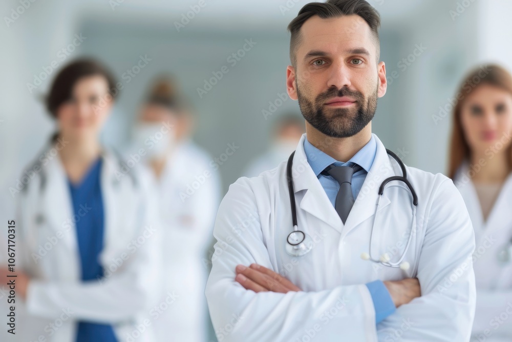 Confident male doctor with beard and stethoscope standing in front of medical team Confident male doctor with beard and stethoscope standing in front of medical team