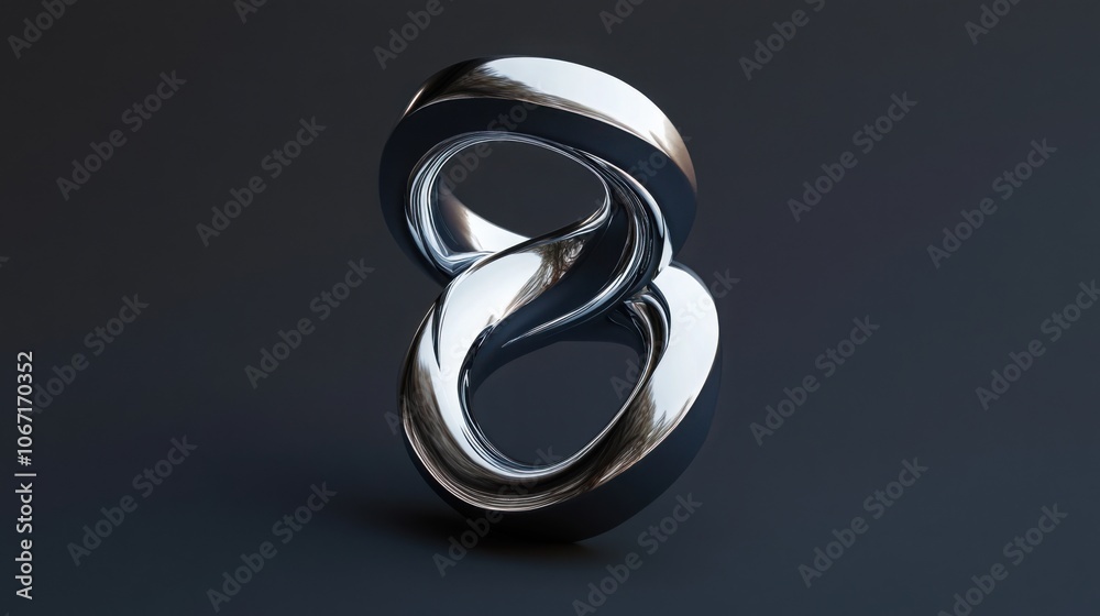 A minimal 3D shape resembling a twisted helix, rendered in shiny chrome, against a dark gray background. A minimal 3D shape resembling a twisted helix, rendered in shiny chrome, against a dark gray background.