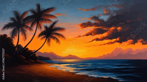 A tropical sunset in oil paint with golden yellows and fiery pinks fading into a dark sea