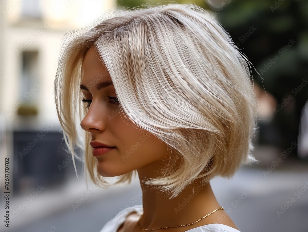 Fototapeta premium A woman with blonde hair is standing on the street