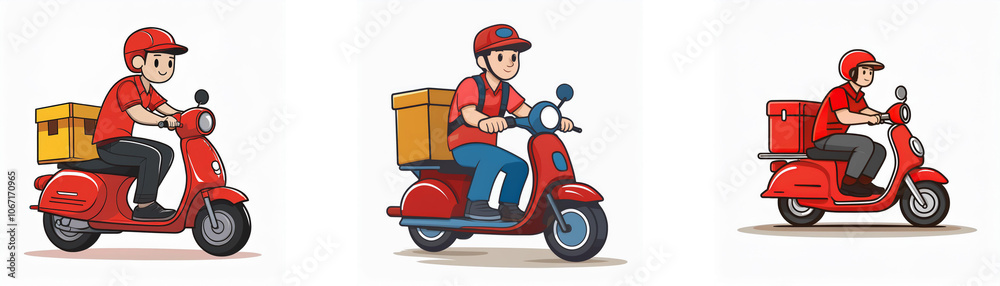 Three cartoon delivery drivers on red scooters with boxes. Three cartoon delivery drivers on red scooters with boxes.