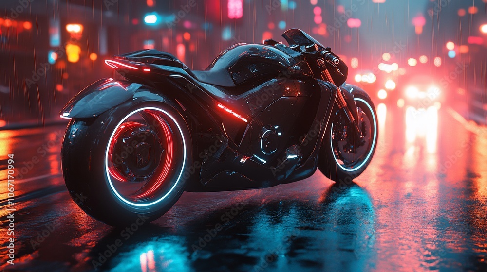 Futuristic motorcycle parked on a wet city street at night with neon lights. Futuristic motorcycle parked on a wet city street at night with neon lights.