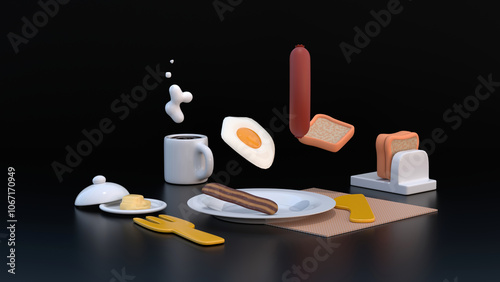 breakfast food 3d realistic render 3d render icon set. coffee, egg, sauce, fork, knife, plate