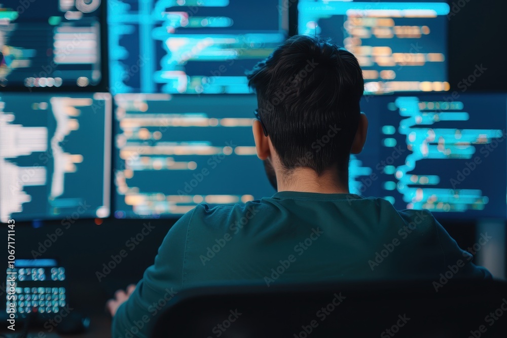 Back View of Software Engineer Working on Multiple Monitors with Code in a Dimly Lit Workspace Back View of Software Engineer Working on Multiple Monitors with Code in a Dimly Lit Workspace