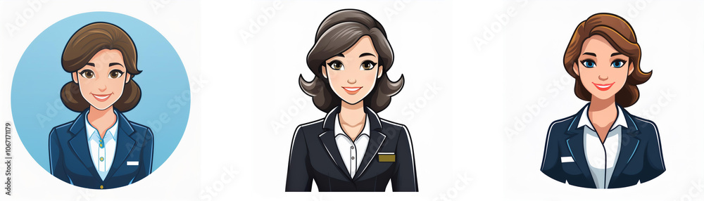 Three cartoon women with brown hair wearing blue suits and white shirts. Three cartoon women with brown hair wearing blue suits and white shirts.