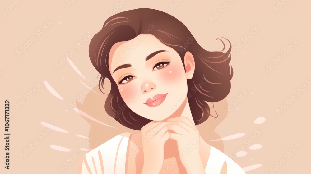 Charming illustration of a young woman with short dark hair, rosy cheeks, and a gentle smile, set against a soft pastel background Charming illustration of a young woman with short dark hair, rosy cheeks, and a gentle smile, set against a soft pastel background