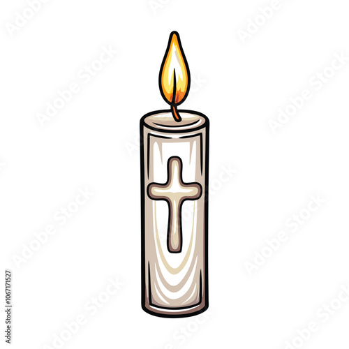 A single candle burning with a soft, ethereal flame that takes the shape of a cross. The candle is white and unornamented, set against a dark, textured background.