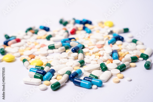 A lot of Assorted pharmaceutical pills and colorful capsules isolated on a white backdrop. Different pills with selective focus.