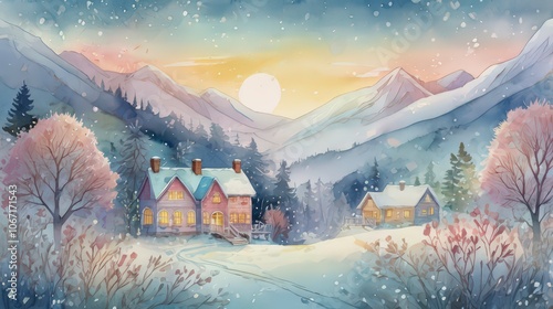 watercolor illustration of a winter village scene