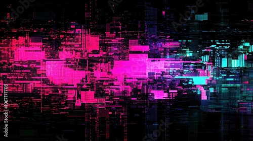 Digital glitch background in pink and teal tones.