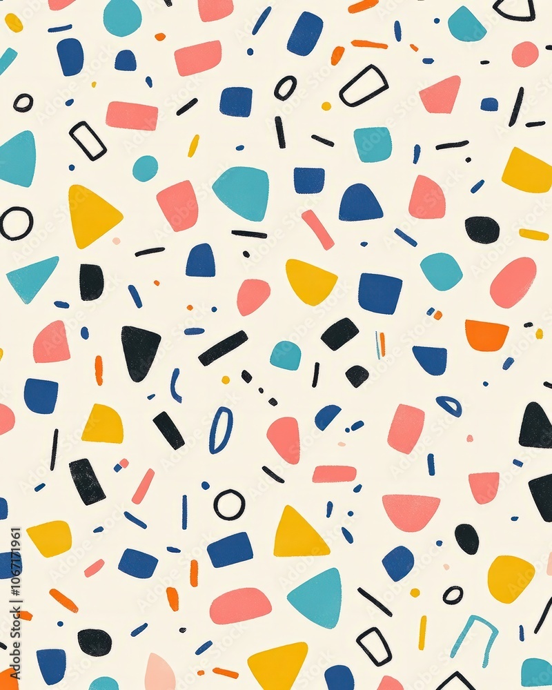 A playful and colorful tile design with cute little geometric shapes.