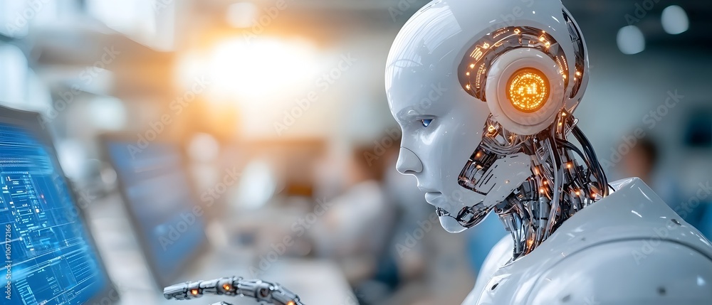 Fototapeta premium Advanced cyborg standing in a high tech cybernetic control room surrounded by glowing digital displays and futuristic technology interfaces Concept of intelligence data analytics