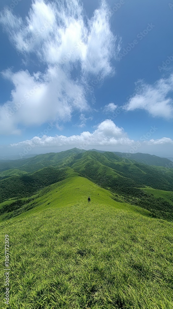 Fototapeta premium A Solitary Figure Walking on a Lush Green Mountaintop