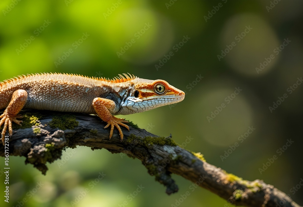 Fototapeta premium Colorful Lizard Perched on a Mossy Branch in Natural Habitat