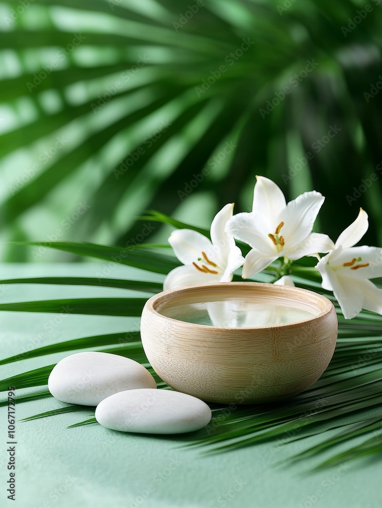 A serene spa setting featuring a bowl of water, white flowers, and smooth stones, surrounded by lush green leaves. A serene spa setting featuring a bowl of water, white flowers, and smooth stones, surrounded by lush green leaves.