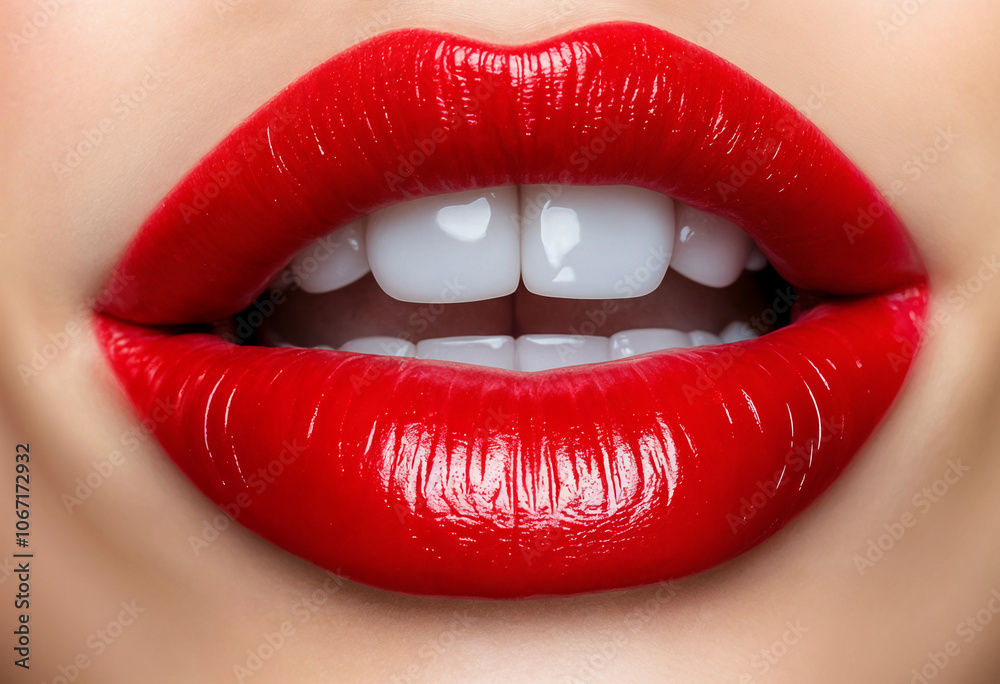 Closeup of red lips with a bright smile showing white, glossy teeth. Perfect for dental care or beauty concepts. Closeup of red lips with a bright smile showing white, glossy teeth. Perfect for dental care or beauty concepts.
