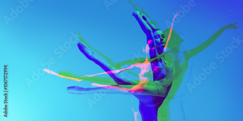 Ballet dancer dancing gracefully, with layered blue, green, and purple overlays. Fluidity and poise of ballet, expressive, surreal atmosphere. Concept of art, dance. Contemporary art collage photo