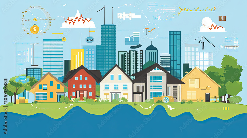 a vector illustration focused on investment or urban growth, with elements buildings, currency symbols ,financial metrics a vector illustration focused on investment or urban growth, with elements buildings, currency symbols ,financial metrics