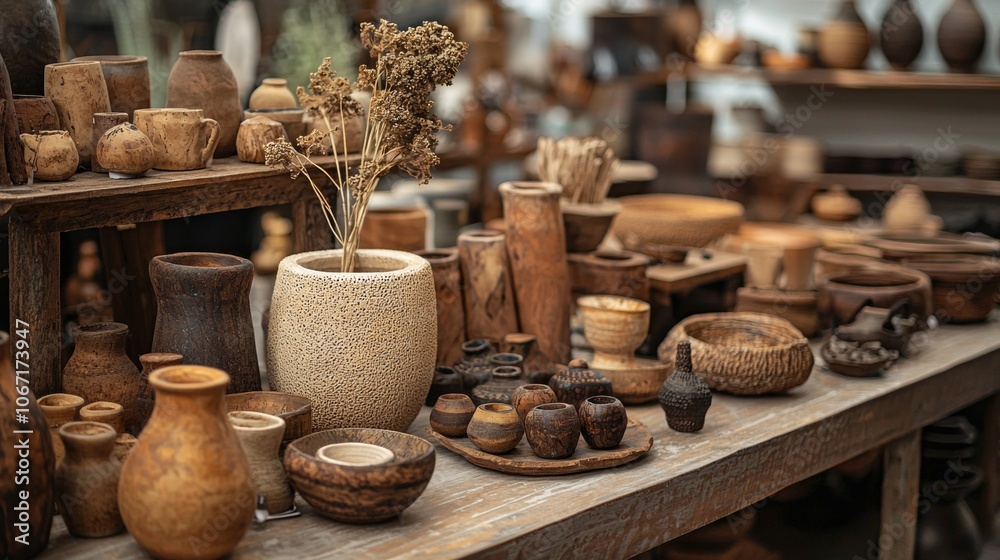 Collection of rustic pottery and clay vases on wooden table Collection of rustic pottery and clay vases on wooden table