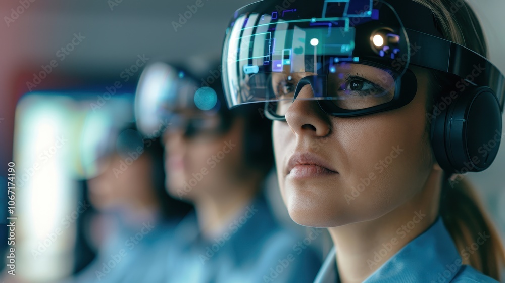 Focused Woman Using Augmented Reality Headset in High-Tech Environment with Team Focused Woman Using Augmented Reality Headset in High-Tech Environment with Team