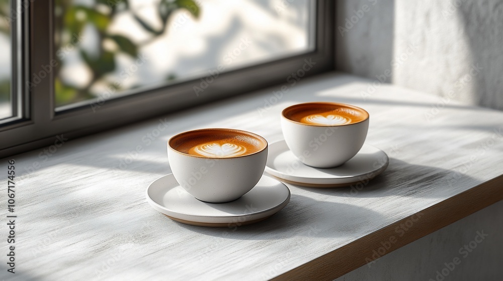 Obraz premium Two cups of latte art coffee on a windowsill with sunlight streaming in.