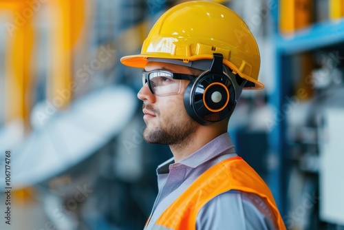 Industrial Worker in Safety Gear Wearing Hard Hat and Ear Protection in Factory