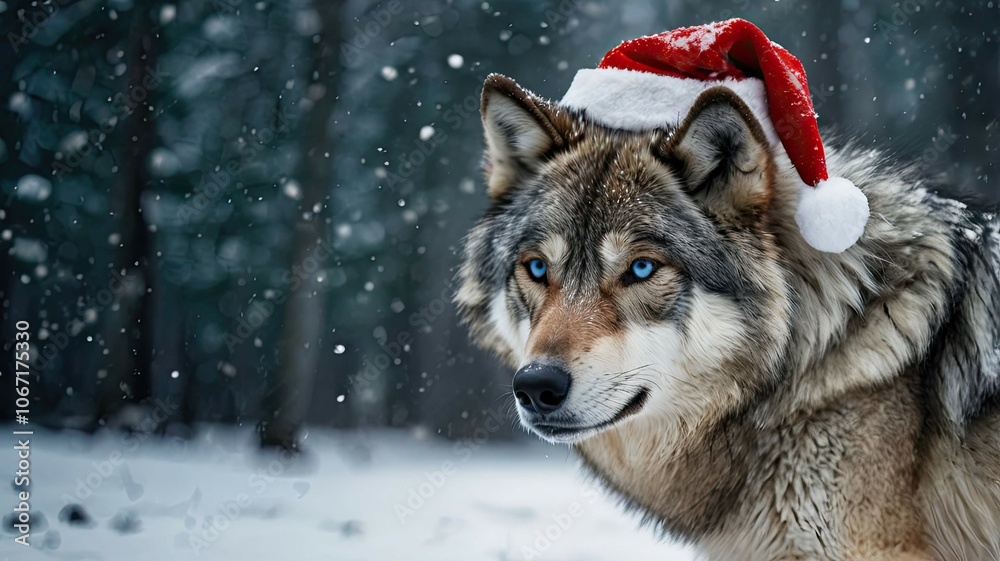 wolf in a Christmas hat against the backdrop of a decorated Christmas tree. Cozy winter atmosphere of celebration, warmth, and magic. wolf in a Christmas hat against the backdrop of a decorated Christmas tree. Cozy winter atmosphere of celebration, warmth, and magic.