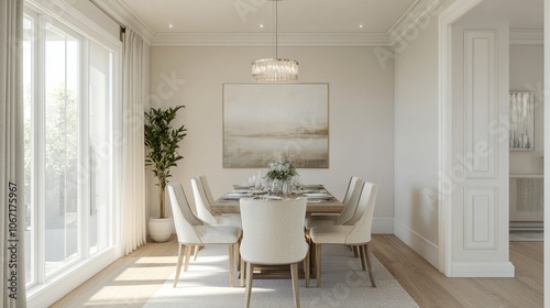 Elegant dining room entrance with a dining table and matching chairs, facing a clean, empty white wall, ready for customization with art or decor.