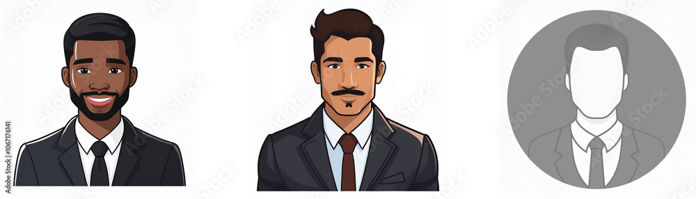 Three men in suits, one smiling, one with a mustache, and one with a blank face. Three men in suits, one smiling, one with a mustache, and one with a blank face.