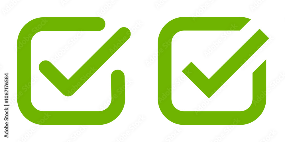 Green check mark icon, checkbox mark, or approved symbol, hand drawn tick sign in circle shape, flat checkmark sign vector illustration, Correct vote choice symbol isolated on white background Green check mark icon, checkbox mark, or approved symbol, hand drawn tick sign in circle shape, flat checkmark sign vector illustration, Correct vote choice symbol isolated on white background