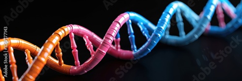 Bright and glossy DNA helix model with vibrant colors on a dark background