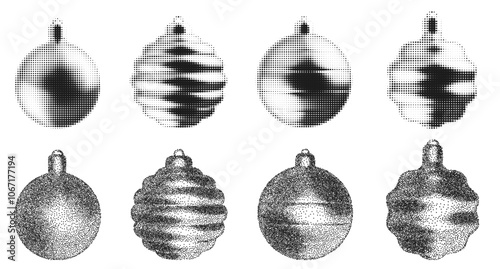 Silhouette christmas holiday toys in monochrome halftone or stippling style. Set retro graphic elements with photocopy grunge effects. Vector illustration.