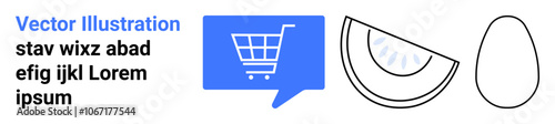 Shopping cart inside a blue message bubble, watermelon slice with seeds, and egg outline. Ideal for online shopping, food, grocery, e-commerce, communication, healthy eating, UX design. Landing page