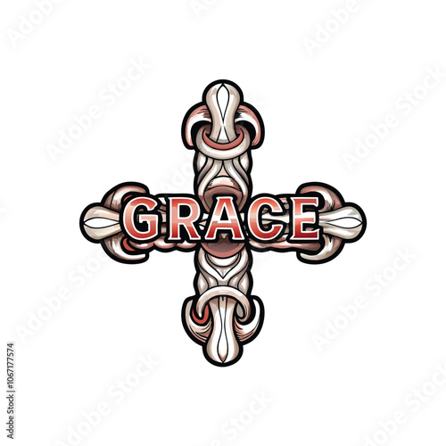 A stylized cross with the word "grace" subtly woven into the design, creating a visually striking and meaningful image.