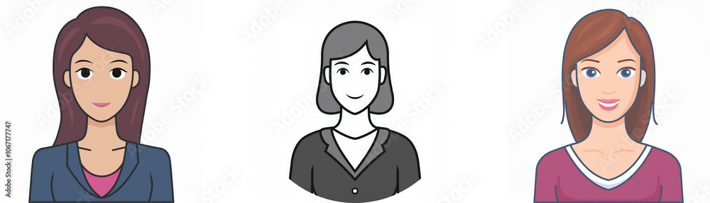 Three cartoon women with different hair and clothing colors. Three cartoon women with different hair and clothing colors.
