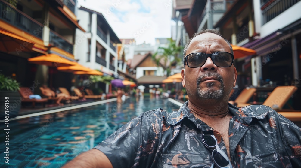 Young man unwinding in a resort swimming pool, enjoying a peaceful and relaxing experience Young man unwinding in a resort swimming pool, enjoying a peaceful and relaxing experience