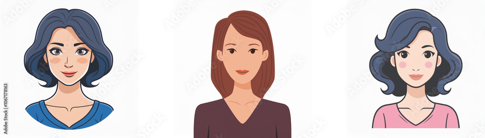 Three cartoon women with different hair colors and outfits. Three cartoon women with different hair colors and outfits.
