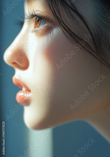 Close-Up of Beautiful Woman's Eyes and Eyelashes with Visible Skin Texture in Natural Light photo