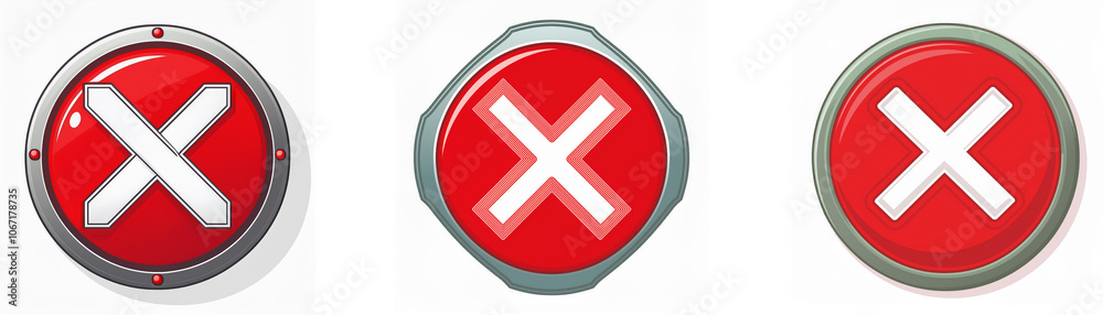 Fototapeta premium Three red buttons with white 'x' symbols inside. Buttons are different shapes.