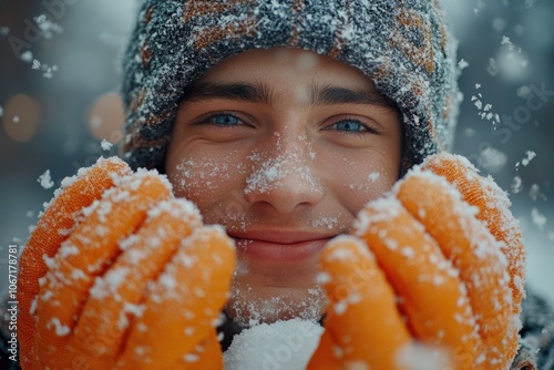 Smiling man in winter hat holding up two oranges covered in snow, winter photo