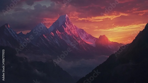 Majestic snow-capped mountains silhouetted against a vibrant, fiery sunset sky. The peaks are illuminated in a warm glow, with wispy clouds creating a dramatic and ethereal atmosphere.