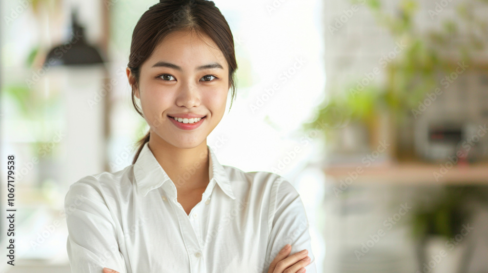 Asian businesswoman smiling friendly welcoming woman with her arms crossed, smiling gently looking into the camera standing in front of office Asian businesswoman smiling friendly welcoming woman with her arms crossed, smiling gently looking into the camera standing in front of office