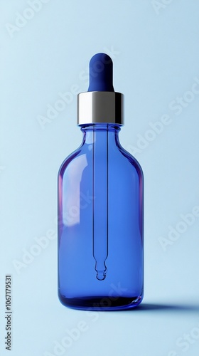 Elegant blue glass dropper bottle for essential oils or serums, showcasing sleek design and vibrant color against a soft pastel background.