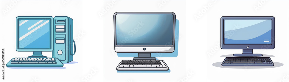 Three different styles of desktop computers, a tower, an all-in-one, and a slim desktop. Three different styles of desktop computers, a tower, an all-in-one, and a slim desktop.