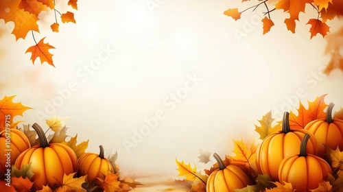 Autumn vector illustration with pumpkins and autumn leaves on a white background, featuring vibrant colors and high-quality details. The composition includes ample white space at the top, perfect for  photo