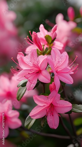 Vibrant pink azalea blossoms in full bloom, showcasing delicate petals and prominent stamens against a soft, blurred background of green foliage and more flowers.