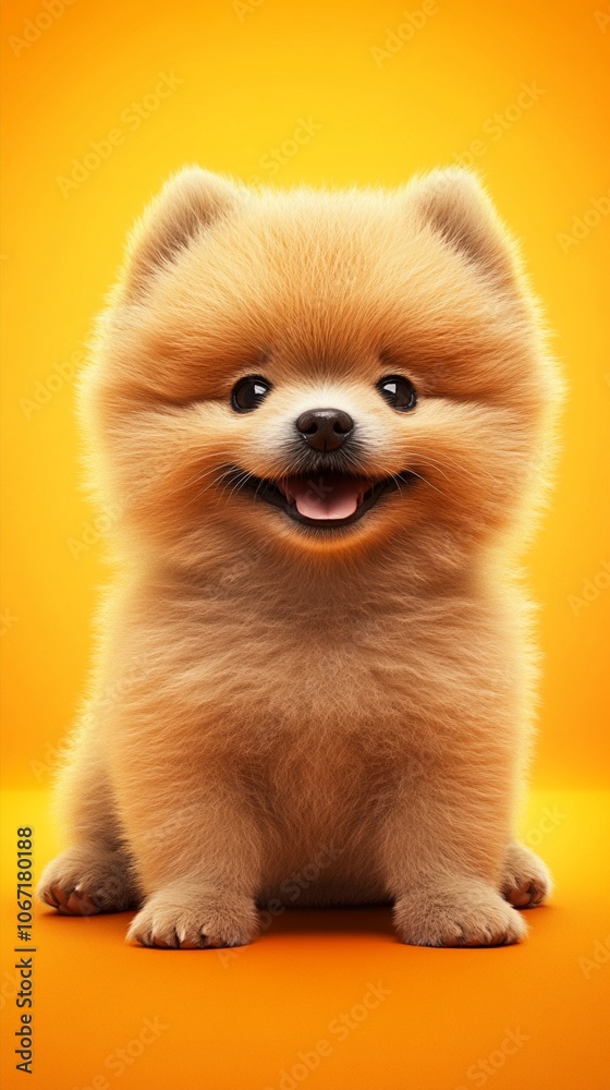 Adorable Pomeranian puppy with fluffy fur and a bright smile, sitting against a vibrant yellow background. This charming image captures the joy and cuteness of the breed. Adorable Pomeranian puppy with fluffy fur and a bright smile, sitting against a vibrant yellow background. This charming image captures the joy and cuteness of the breed.